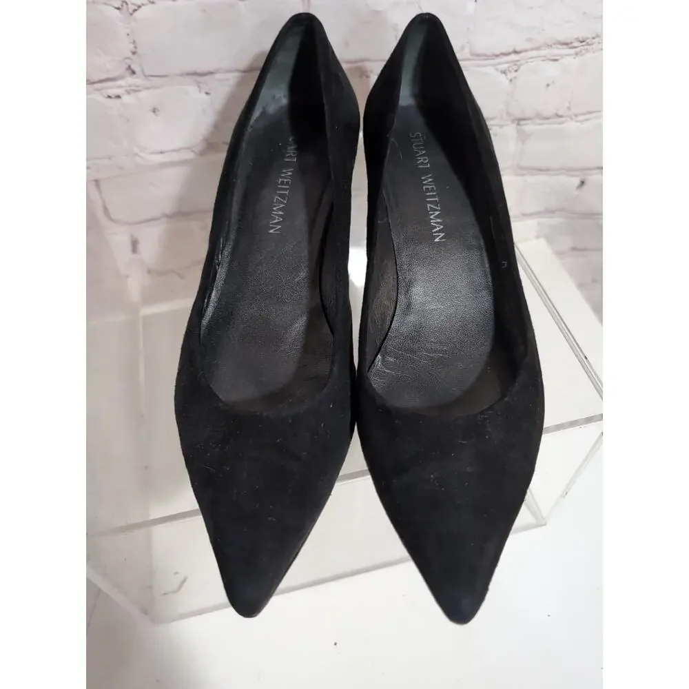 Stuart Weitzman Size 8.5 Black Suede Low Block Heel Pointed Toe Pumps Comfort